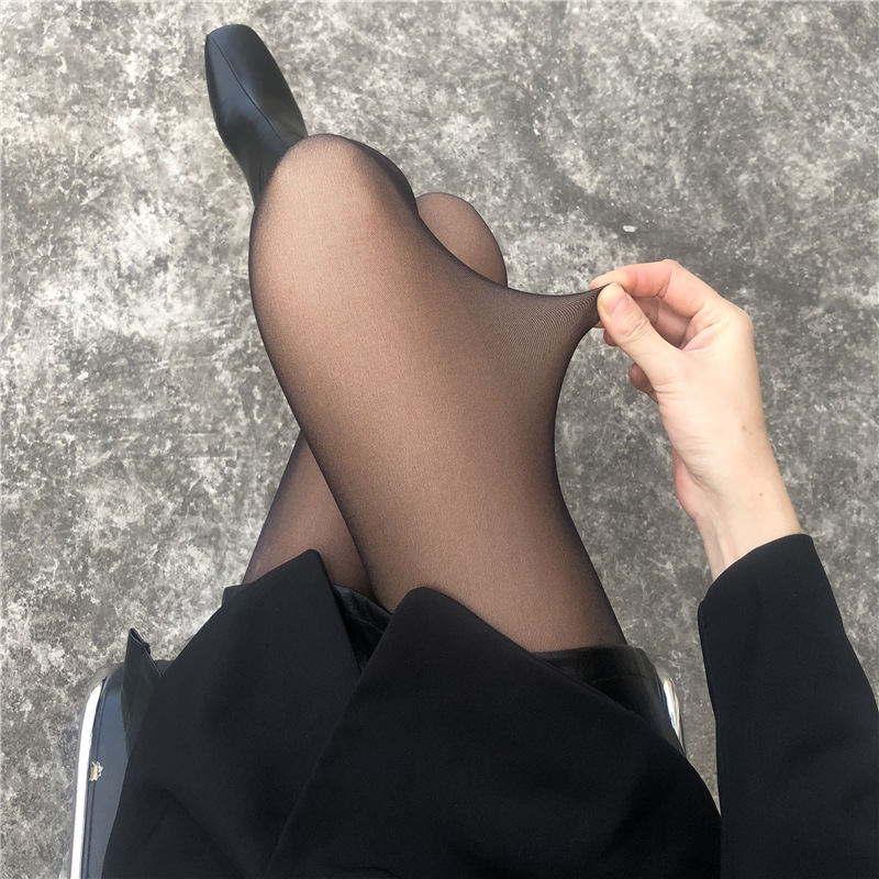 Stewardess gray one-piece transparent pants autumn and winter fleece-lined thickened one-piece leggings women's black stockings fake transparent pantyhose