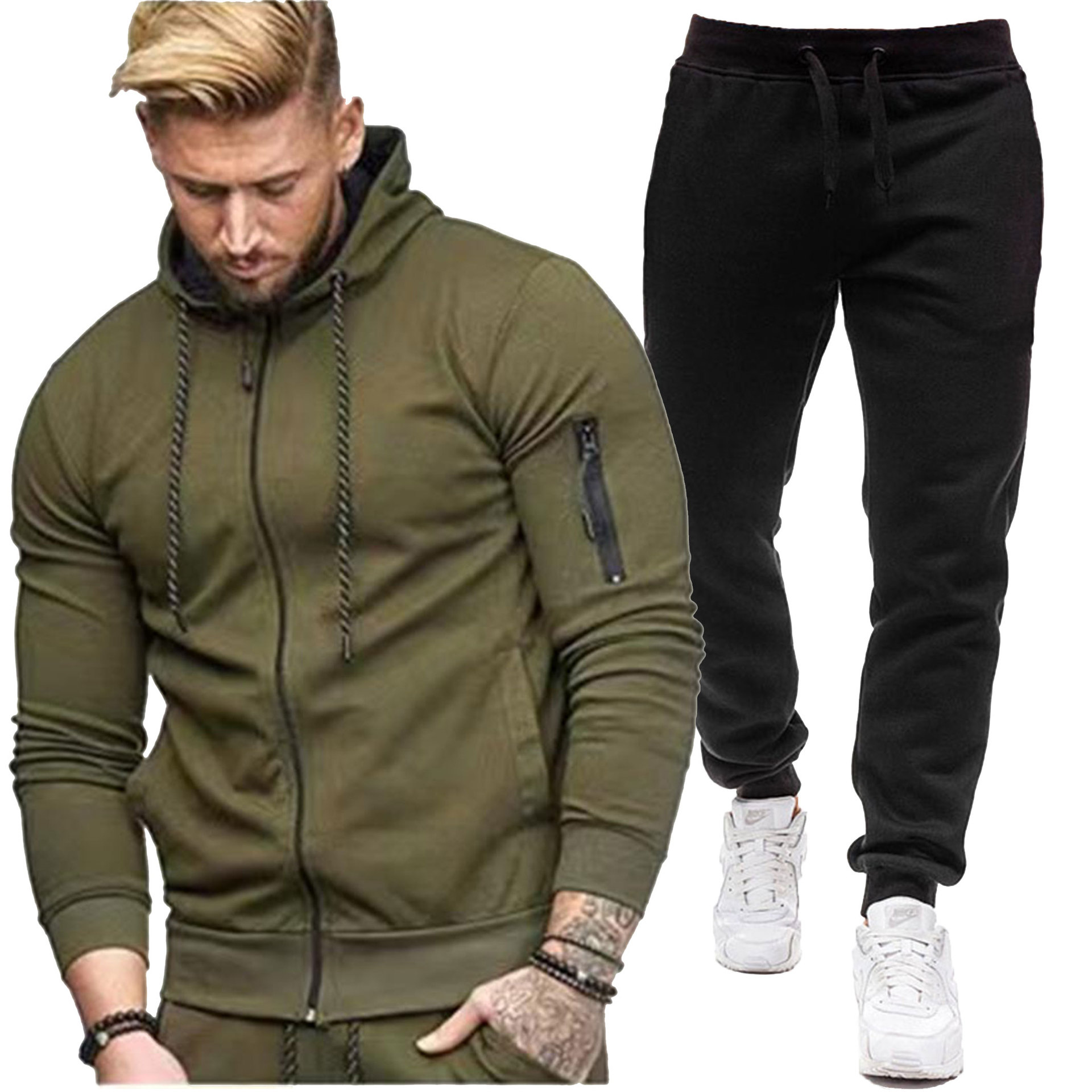 Cross-border muscle fashion European and American leisure sportswear autumn new hooded cardigan sweater suit men
