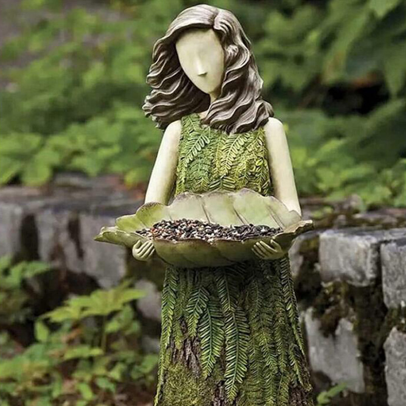Fairy Tale Forest Girl Bird Feeder Resin Crafts Outdoor Garden Statue Courtyard Lawn Decoration Resin Ornaments