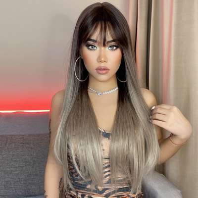 Cross-border new neat bangs gradient Gray long straight hair chemical fiber high temperature silk European and American wigs wigs headgear wholesale