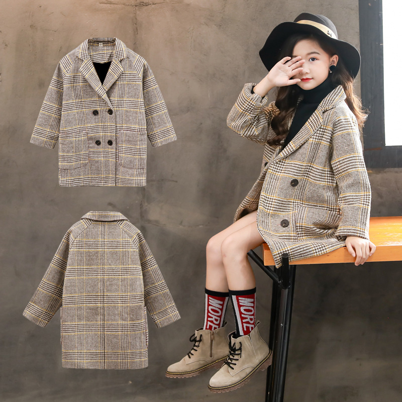 Girls' Woolen Coat 2021 Autumn and Winter New Children's Mid-length Plaid Coat Trendy Woolen Coat for Large Children