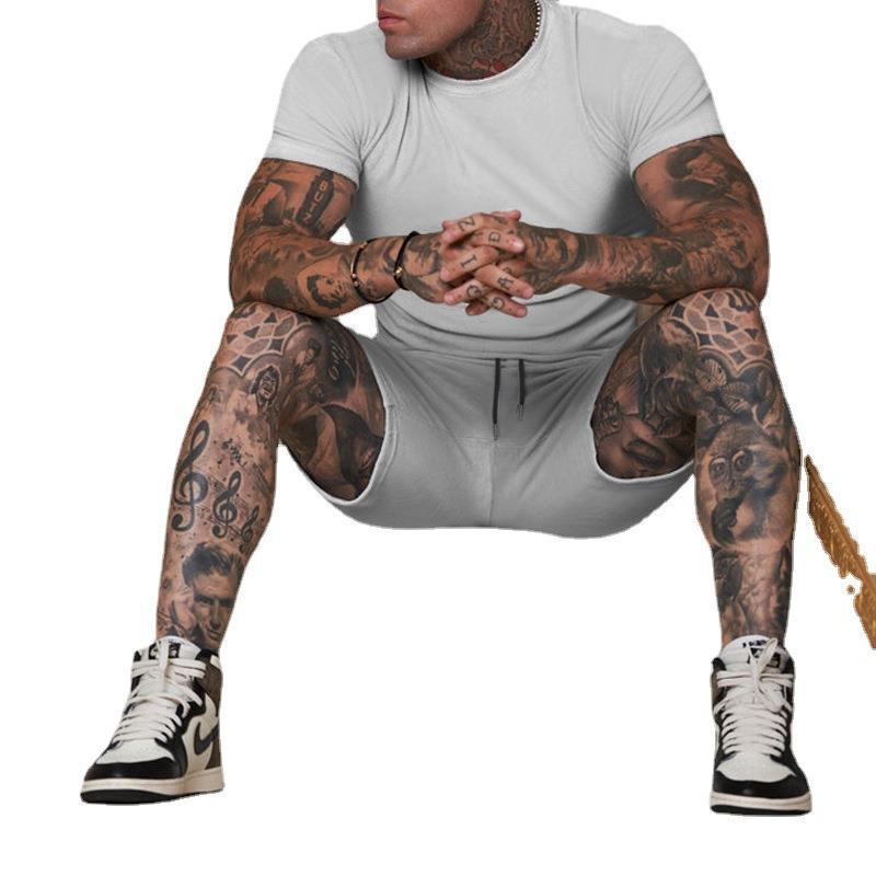 Foreign Trade Men's Solid Color Shorts Short-sleeved T-shirt Sports Suit Men's Thin Summer Two-piece Printable logo