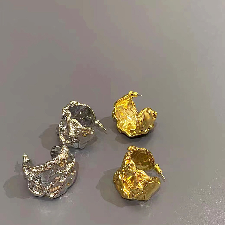 925銀針歐美ins風熔岩褶皺個性小眾金屬質感復古寬面耳圈耳環耳針