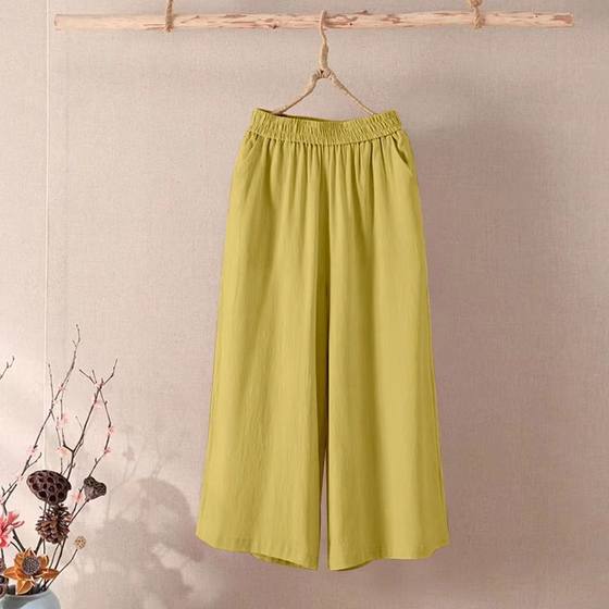 Summer Cotton and Linen Wide-leg Pants Women's Summer New Korean-style Loose plus size Casual Pants All-match Outer Wear Capri Pants