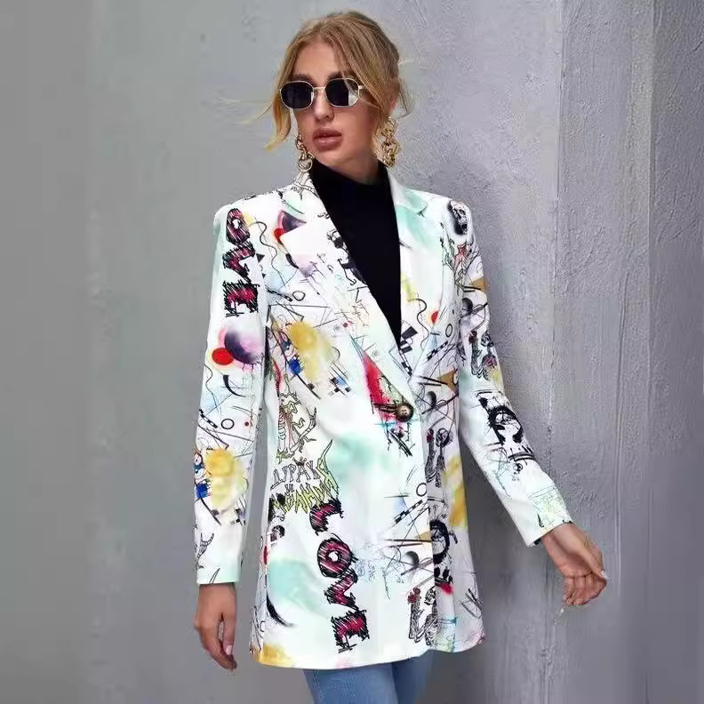 Cross-border foreign trade Europe and America Amazon 2024 spring fashion printed slim mid-length jacket casual small suit for women