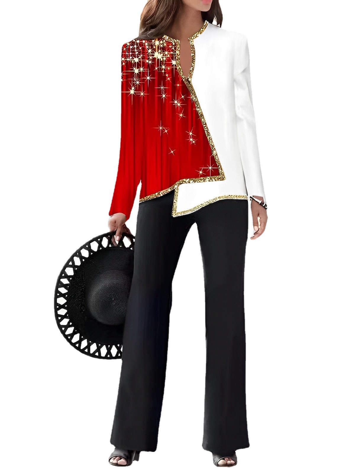 2023 Summer European and American Amazon 3D Digital Printing Women's V-Neck Asymmetric Fashion Casual Shirt Pants Set