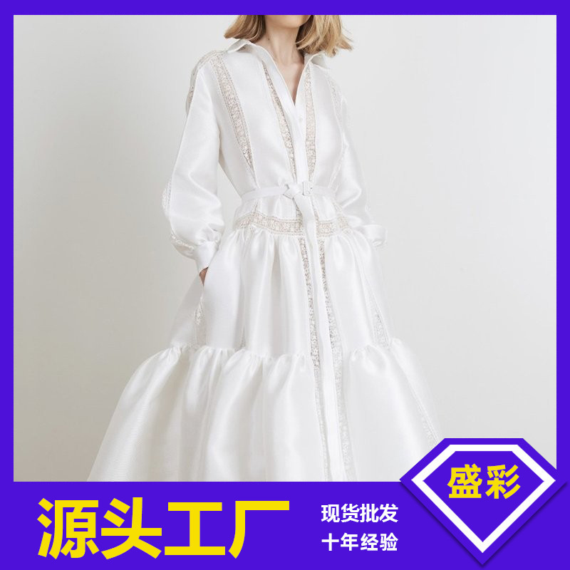 2024 European and American foreign trade autumn and winter new Amazon women's lace stitching white long sleeve casual dress women