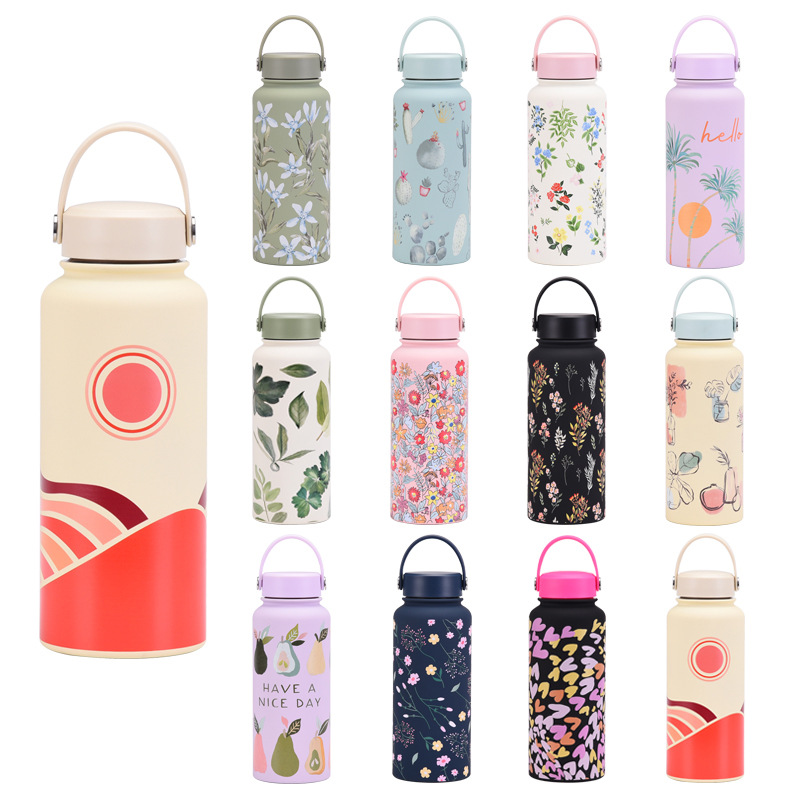 2024 New Cross-border 1L Thermos Large Capacity Wide Mouth Portable Vacuum Sports Kettle Outdoor Printed Water Cup for Women