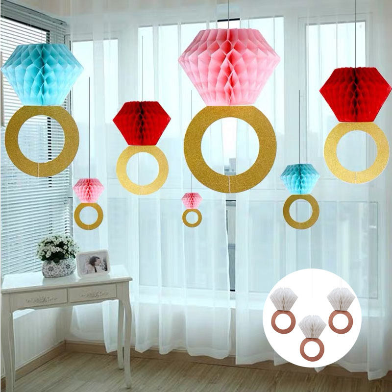 Wedding Venue Layout Rose Gold Diamond Ring Honeycomb Ball Hanging Ornaments Birthday Wedding Party Decoration Ring Hive Paper Ball
