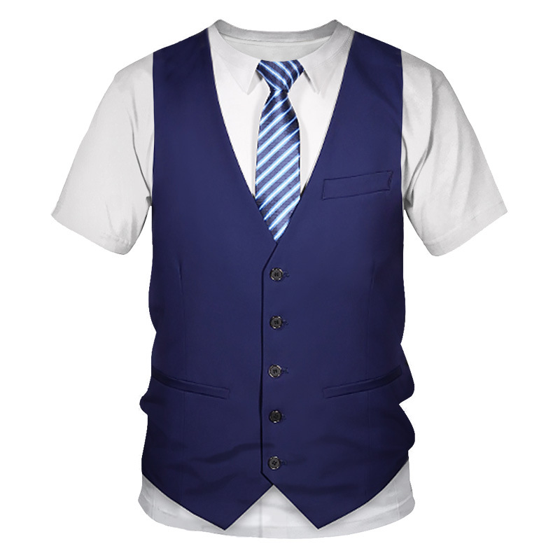 2022 new fashion fake two-piece 3d digital printing T-shirt men's fake suit source factory