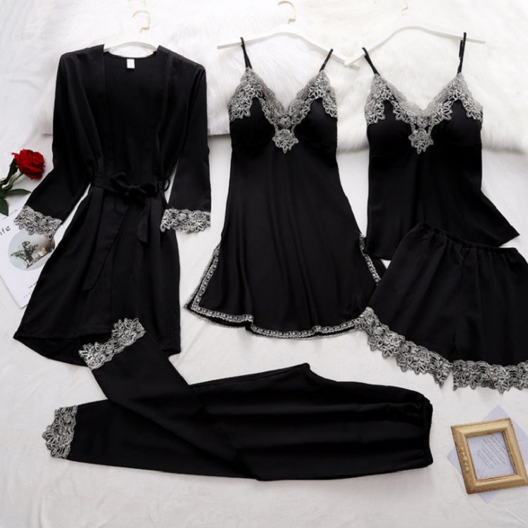 Cross-border supply imitation silk pajamas bathrobe underwear five-piece set of suspenders sexy ladies home clothes European and American pajamas