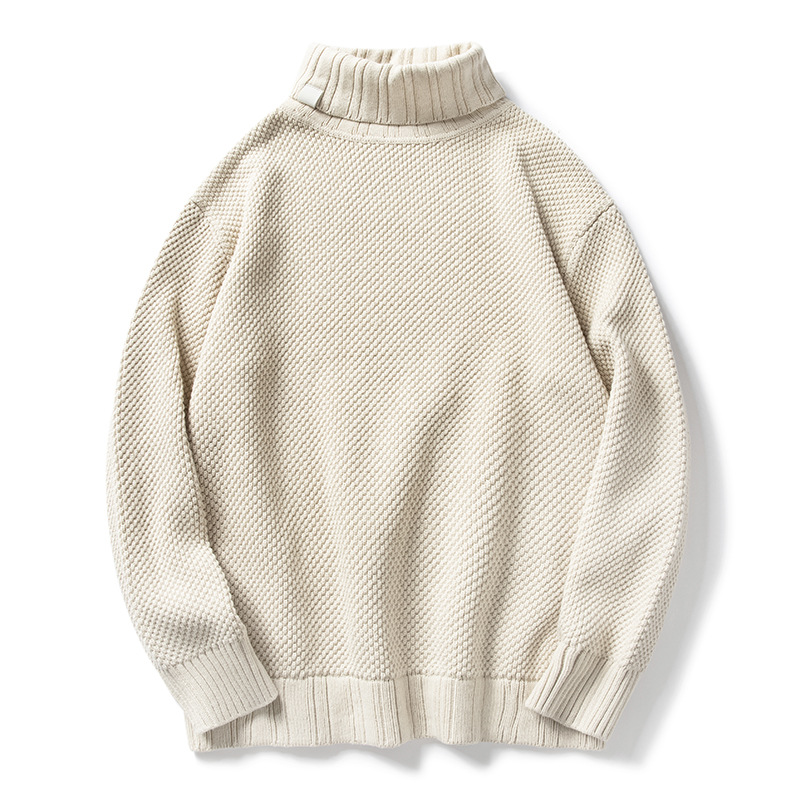 High Neck Loose Heavy American Casual Retro Solid Color Pullover Men's Textured Knitted Sweater XJ605