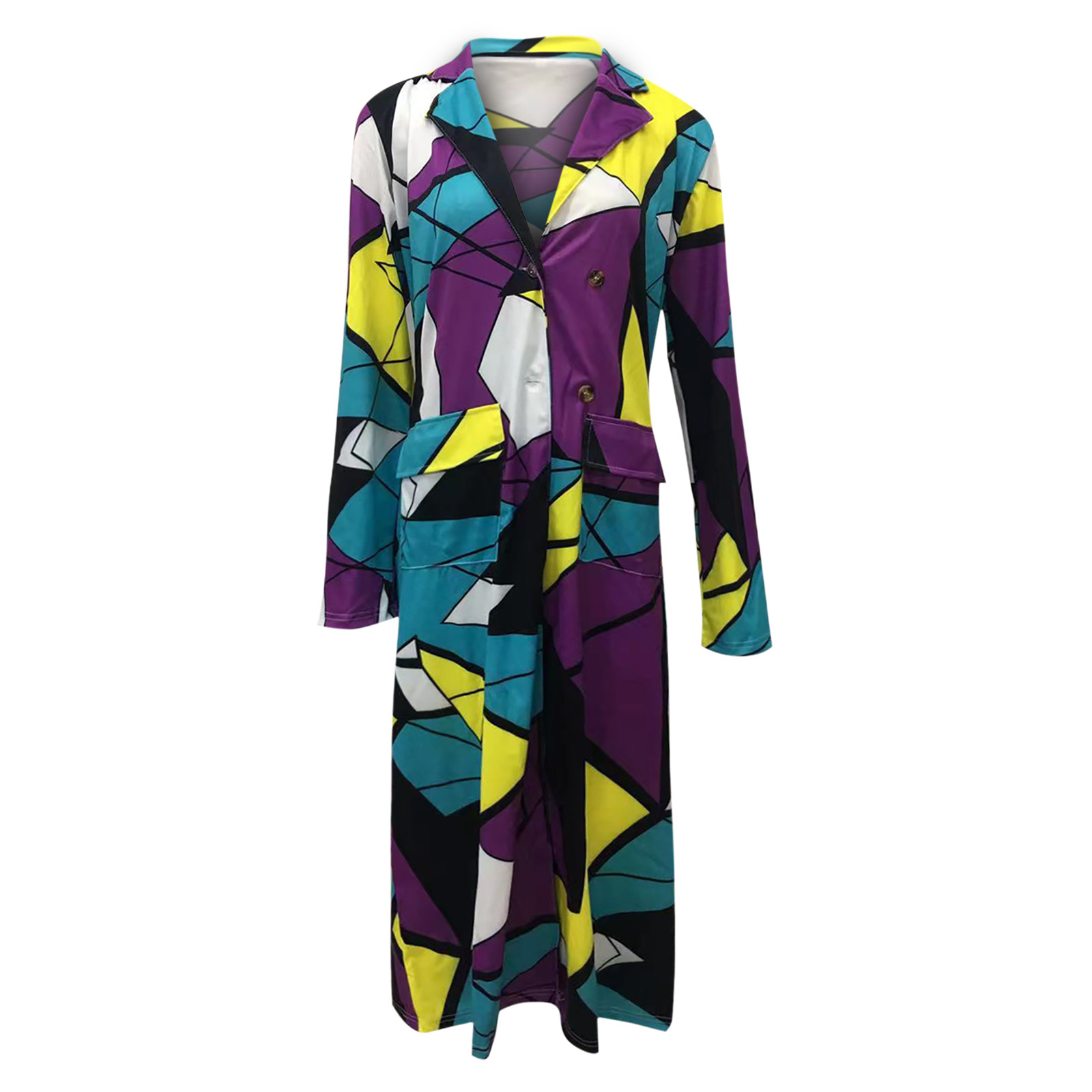 Autumn and winter New trench coat cross-border European and American plus size plaid printed double-breasted lapel coat coat women's coat_voghion.com