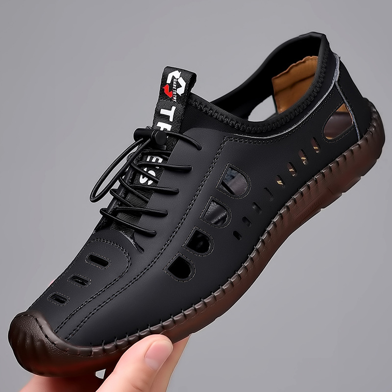 2022 summer men's leather casual men's shoes soft bottom men's casual hollow hole shoes wholesale breathable leather sandals