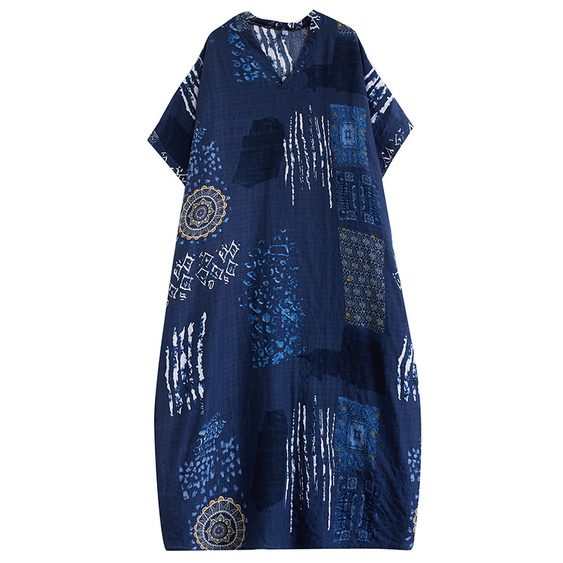 Real Shot 2024 Summer Thin Cotton and Linen Large Size Artistic Retro Loose Vacation V-Neck Beach Dress for Women