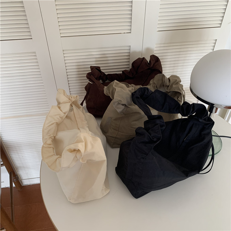 Canvas Bag Women's Korean-style Single-shoulder Pleated Drawstring Canvas Bag Small Fresh Artistic Solid Color Portable Crossbody Casual Women's Bag_voghion.com