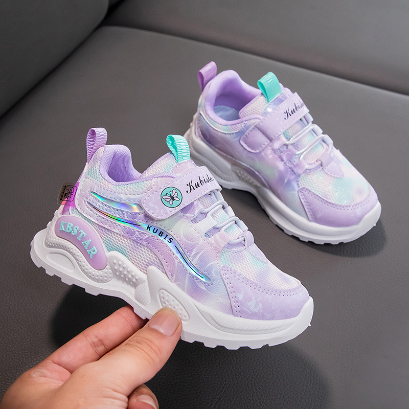 Leather surface + mesh girls' sneaker color gradient color single shoes double mesh breathable Velcro children's shoes