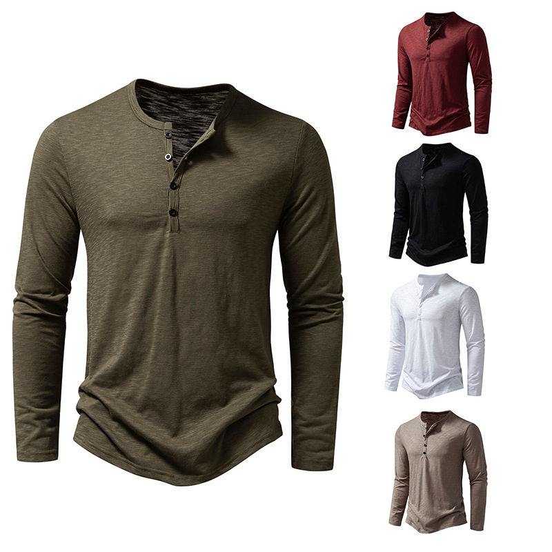2023 Foreign Trade Autumn New Amazon European Size Men's Solid Color Slub Cotton Henry Collar Fashion Long Sleeve T-shirt for Men