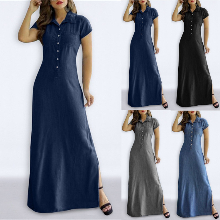 2024 European and American Cross-border New Long Dress Shirt Collar Split Pocket Large Dress Large Size Casual Denim Dress