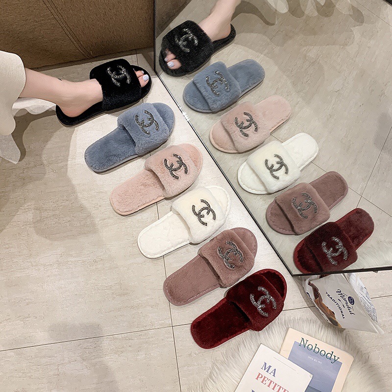 Amazon Mao Mao Slippers Women's Autumn and Winter New Home Bright Diamond Flat Bottom Warm One-word Tow Net Popular Fashion Cotton Slippers