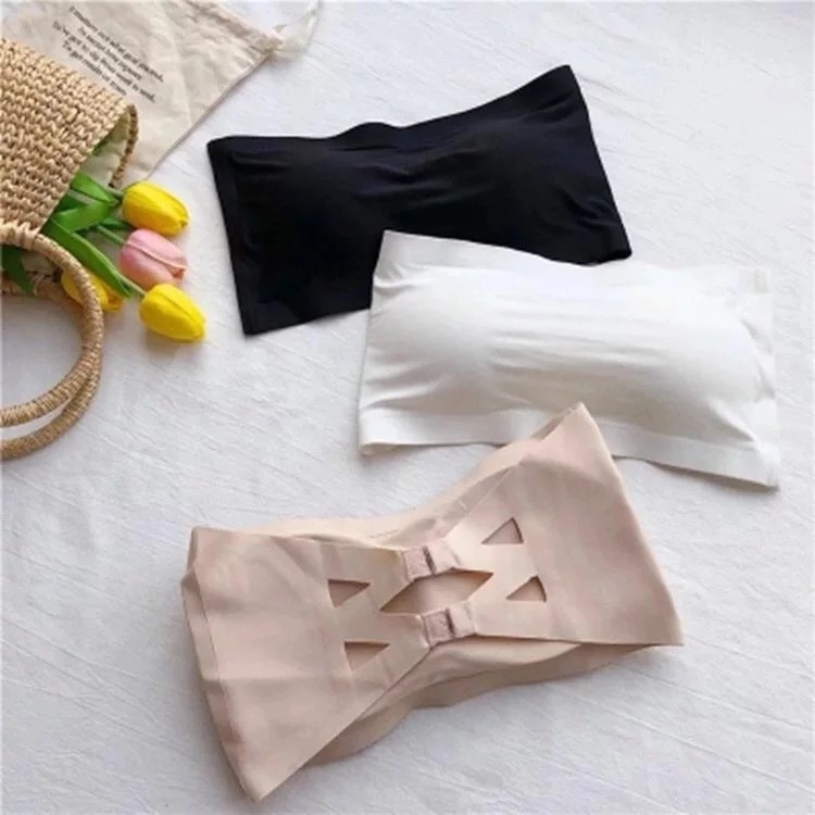 Cross-border strapless one-word invisible tube top girl seamless ice silk wrapped chest anti-exposure breasted underwear with chest pad