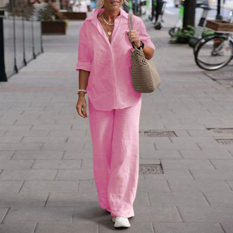 European and American Cross-border Women's Two-piece Suit Women's 2023 Lapel Long-sleeved Shirt Spring and Autumn Casual Solid Color Pants Wide-leg Suit