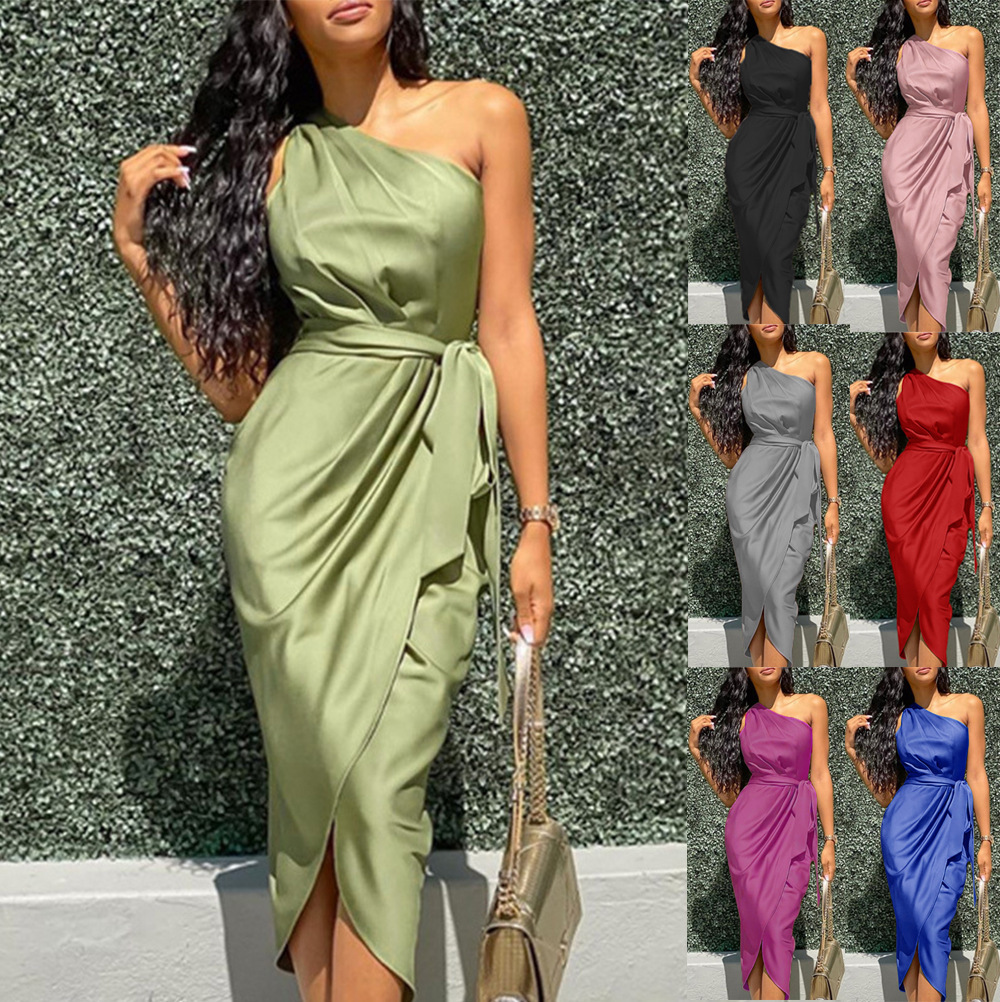2021wish European and American style Amazon women's dress New irregular shoulder belt slim satin dress