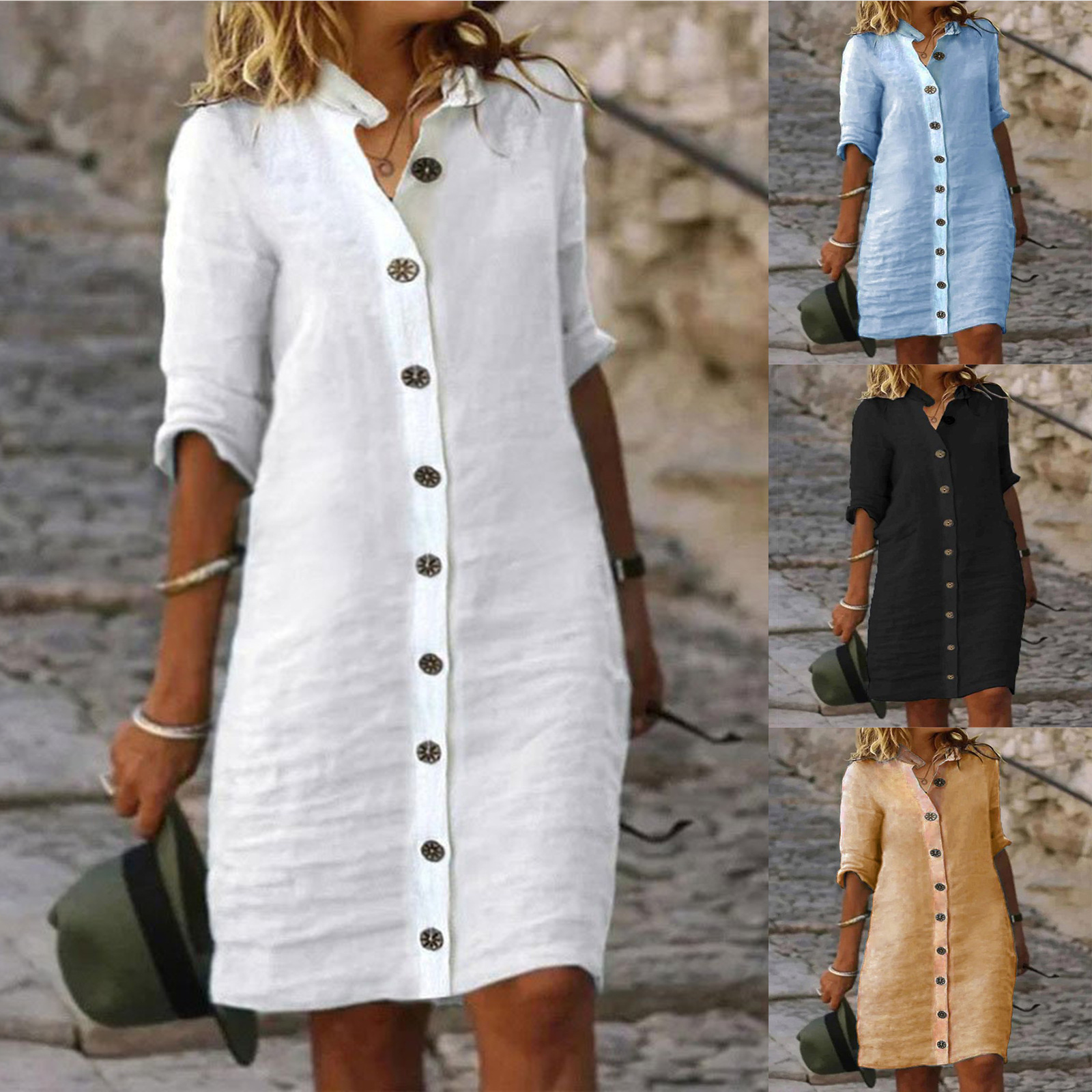 2023 new cross-border foreign trade European and American women's clothing spring and summer shirt collar mid-sleeve large round buckle cotton and linen dress