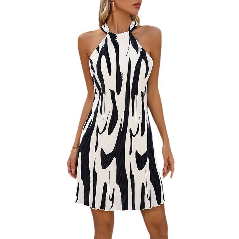 Foreign trade women's clothing 2024 Summer elegant printed pleated halter A swing dress personalized off-the-shoulder lace-up skirt