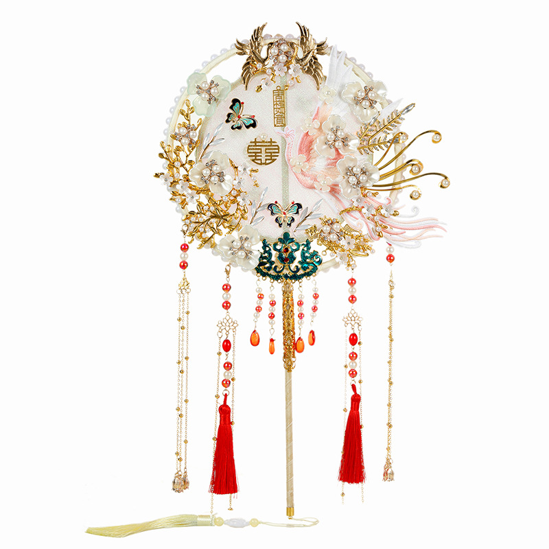 New Chinese bride holding fan wedding ancient style long handle round fan wedding hanfu headdress finished fan DIY material