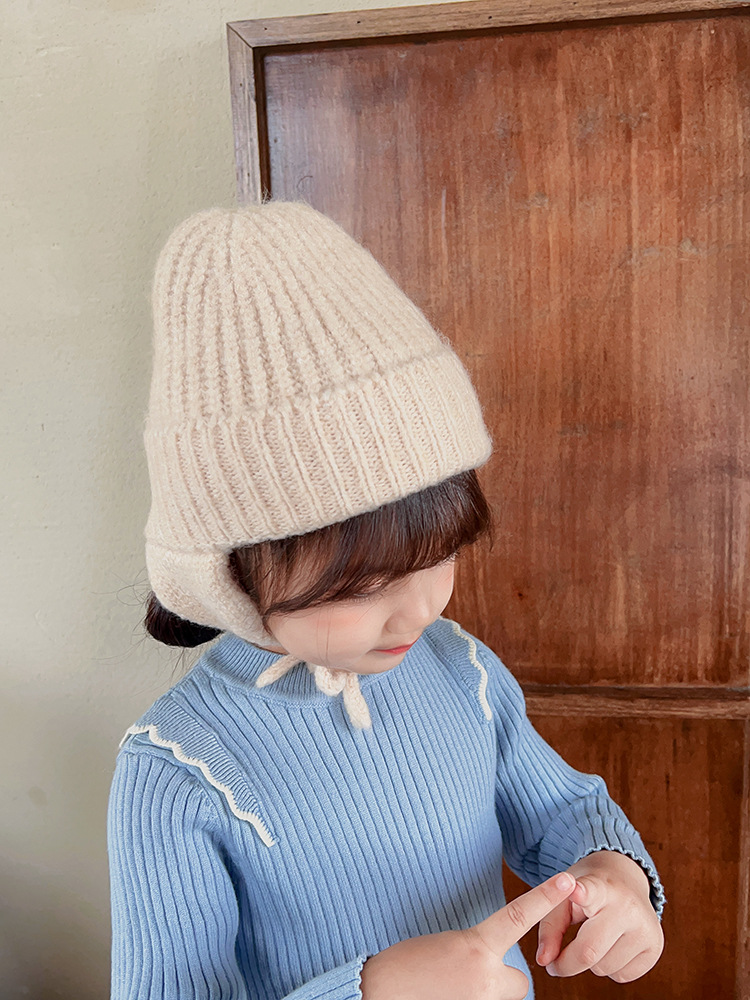 Gestrickte Ohrenschutzmütze für Kinder im japanischen Stil, neue Herbst- und Wintermütze aus dunkler, eleganter, warmer Wolle, einfarbige Strickmütze_voghion.com