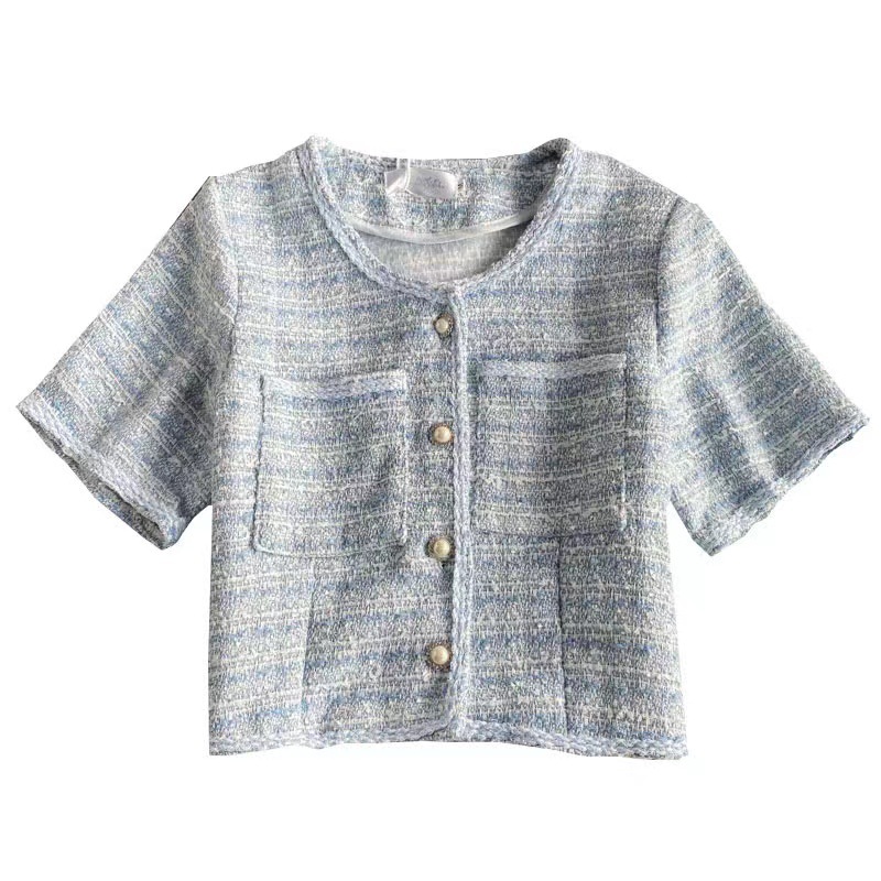 Koreanesche Chic Summer Einfach Elegant Ronn Ausschnëtt Locker Kant Perl Eenzelknäppt Duebeltasch Tweed Kuerzmantel_voghion.com