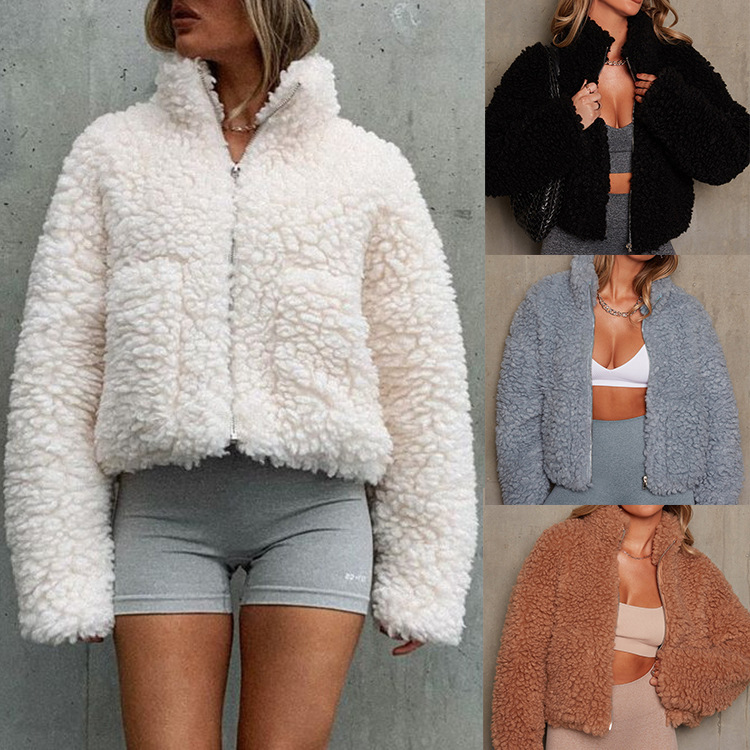 2022 autumn and winter Europe and the United States cross-border women's clothing Amazon new plush cardigan short jacket lambswool coat women