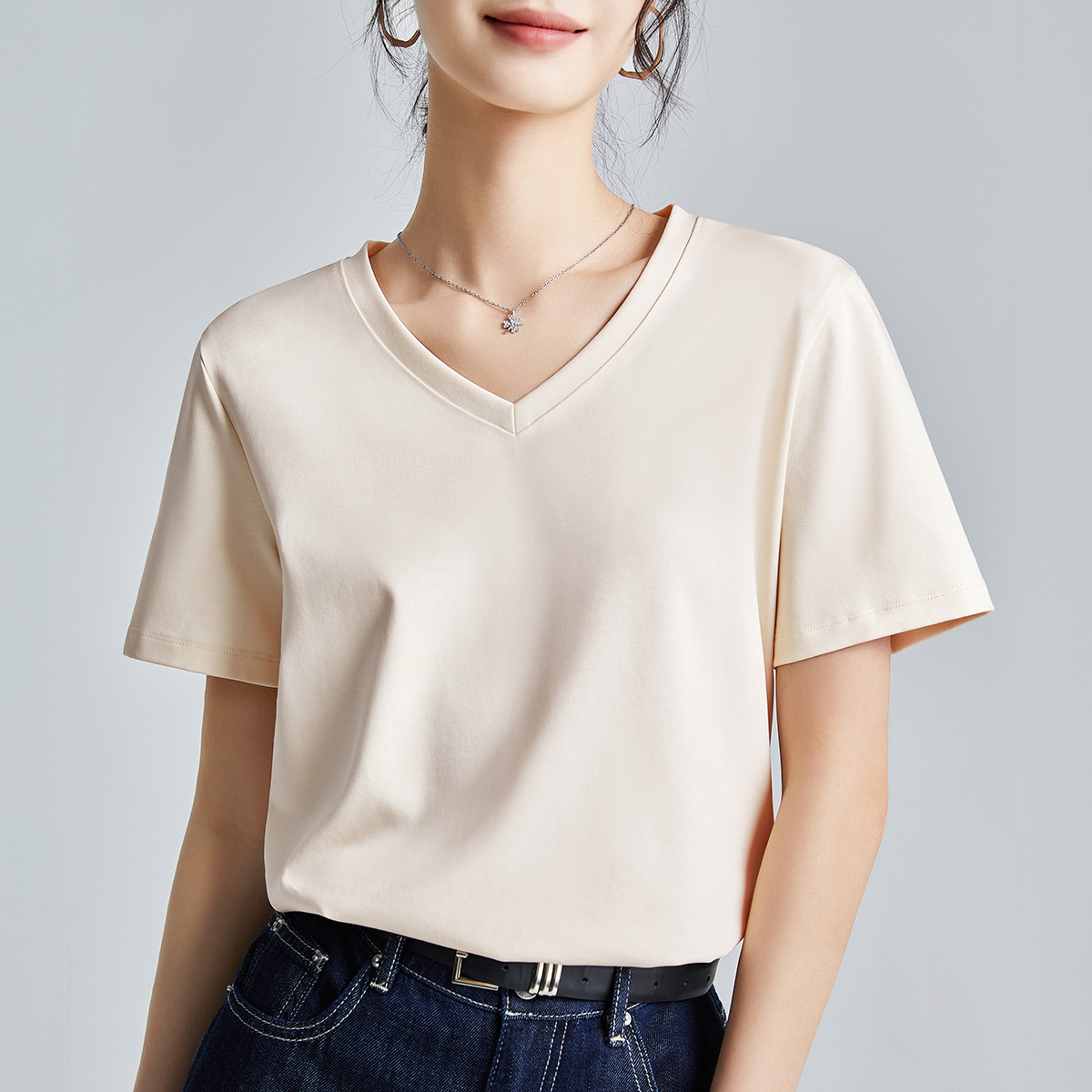 80 Double-sided mercerized cotton Slim-fit Simple White Short-sleeved T-shirt Women's Summer 2025 New Round Neck Base Shirt