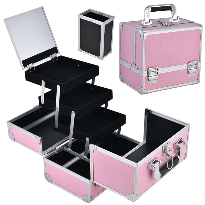 Portable aluminum alloy cosmetic case with diamond pattern ABS large capacity high-end mirror cross-border storage case with mirror