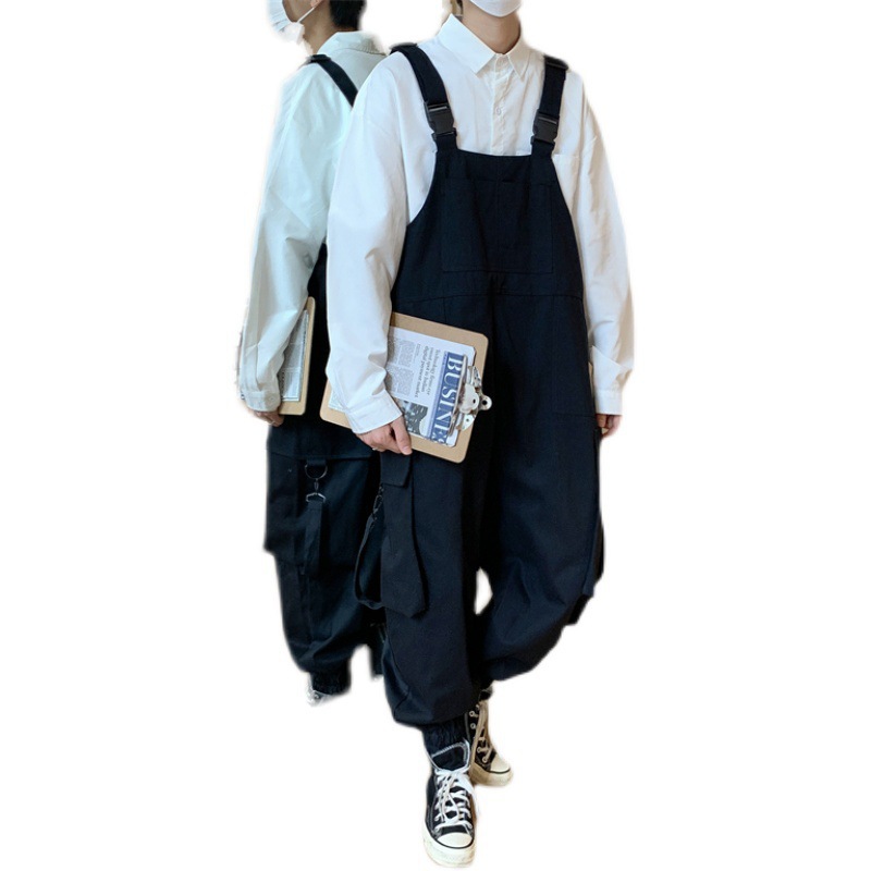 Japanese Harajuku Tooling Sling Pants Men's Trendy Brand ins Retro One-piece Suspender Pants Loose Wide-leg Straight Pants for Daddy