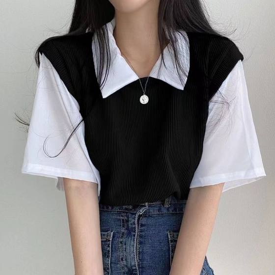 2023 Summer polo lapel fake two-piece college style contrast color short sleeve t-shirt women's loose casual all-match top ins
