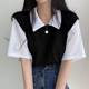 2023 Summer polo lapel fake two-piece college style contrast color short sleeve t-shirt women's loose casual all-match top ins