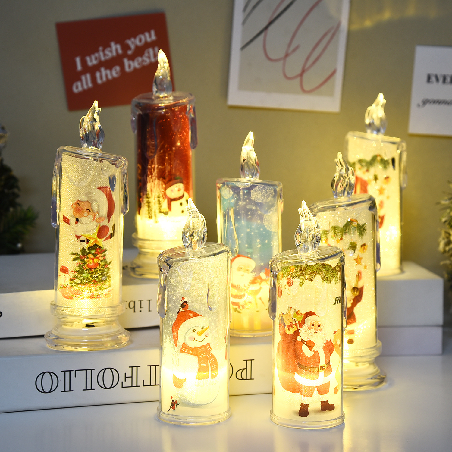 Christmas Candle Light Simulation Candle Atmosphere Light Built-in Printed LED Candle Light Electronic Holiday Decoration Ornaments