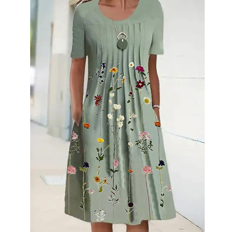 2023 Amazon Cross-border Summer New Women's Clothing Foreign Trade Explosions Round Neck Dress Floral Printed Dress Women