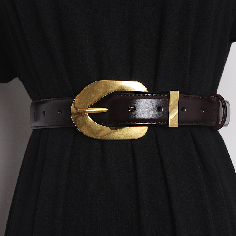 Belt Women's Design Sense Gold Buckle Korean ins-style Cowhide Coat Waist Seal Suit Outer Belt Belt