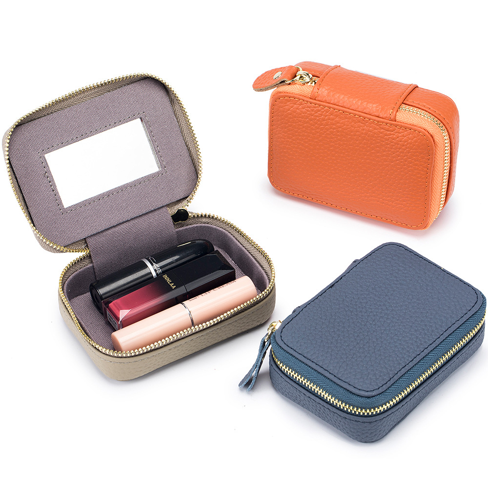 New mini leather lipstick bag with Mirror first layer cowhide makeup storage bag change coin earphone bag for women
