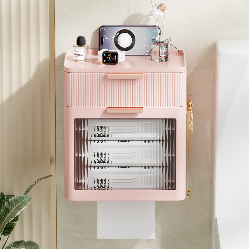 Toilet Tissue Box Face Towel Storage Box Punch-Free Waterproof Toilet Roll Paper Box Wall-Mounted Toilet Paper Rack