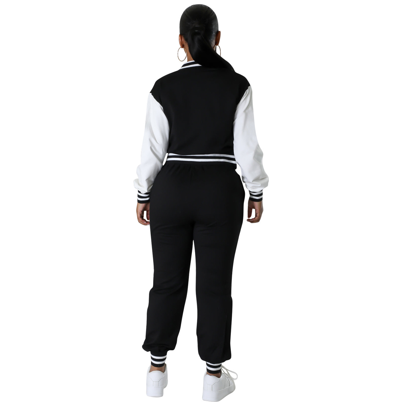 F6001 European and American Cross-border Women's Clothing Amazon New Fashion Baseball Suit suit Splicing Single-breasted Two-piece Set