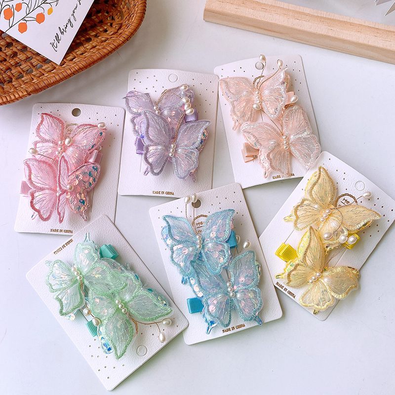 2 Colorful Mesh Lightweight Fairy Style Double-layer Sequin Pearl Butterfly Clip Antique Children's Hanfu Hair Accessories