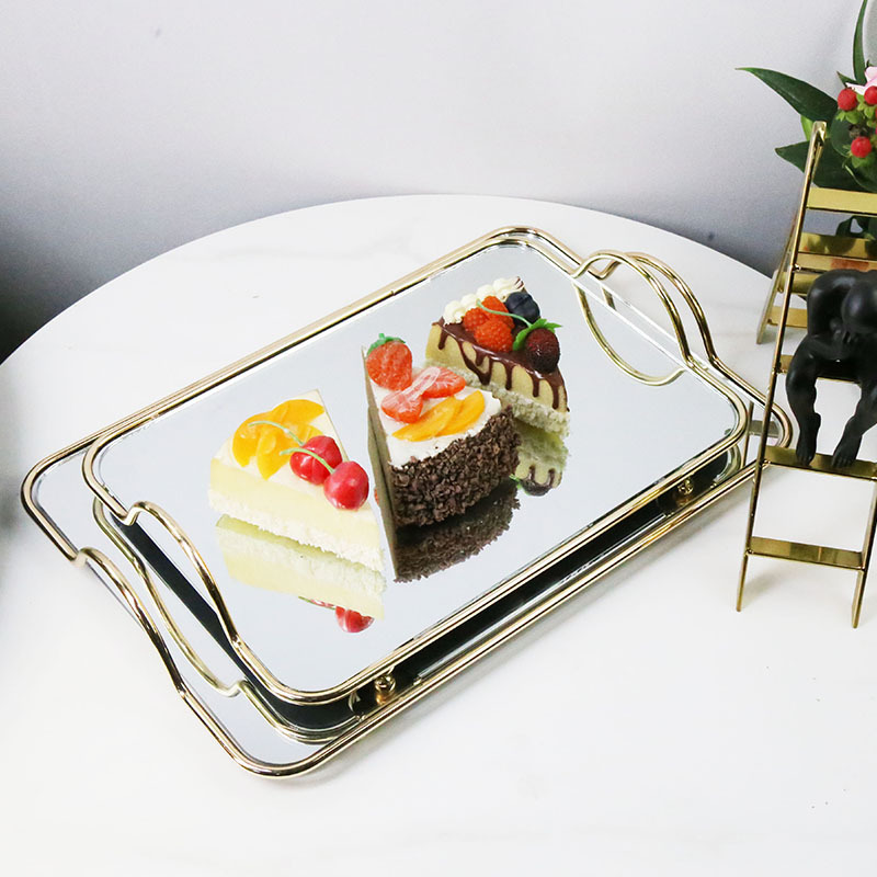 Factory direct rectangular metal glass mirror wrought iron cake tray living room simple plate decorative fruit plate