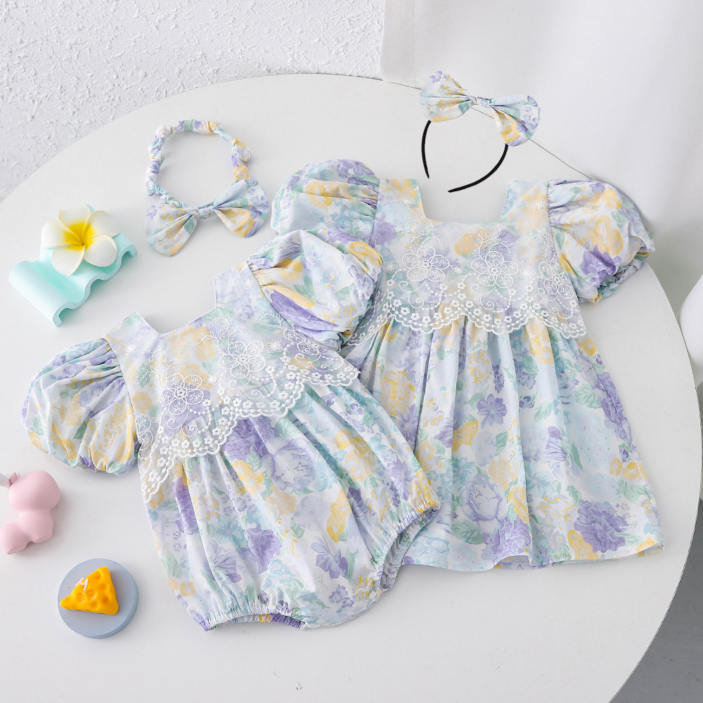 New Women's Children's Short-Sleeve Pull-Over Bodysuit 24 Baby Girls Summer Lace Dress Infant Triangle Tee Fashion Sister Set