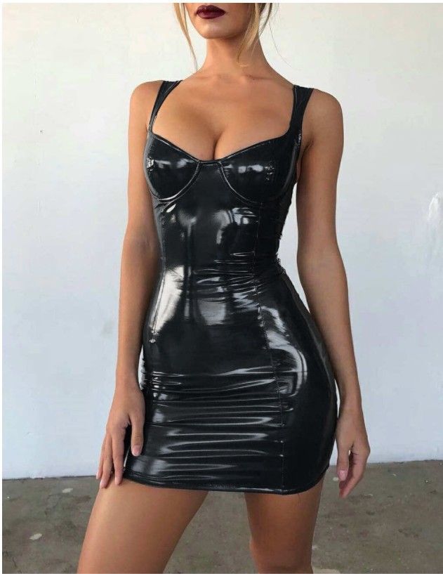 Sexy nightclub Disco Lady Lady Bright strap waist slimming PU leather strap dress Q176