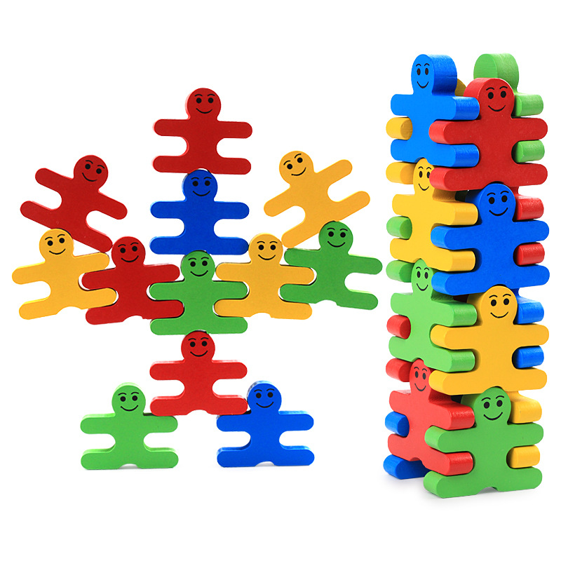 Cartoon balance small building blocks stacked high wooden 0-3 years old children's educational early teaching aids toys cross-border wholesale