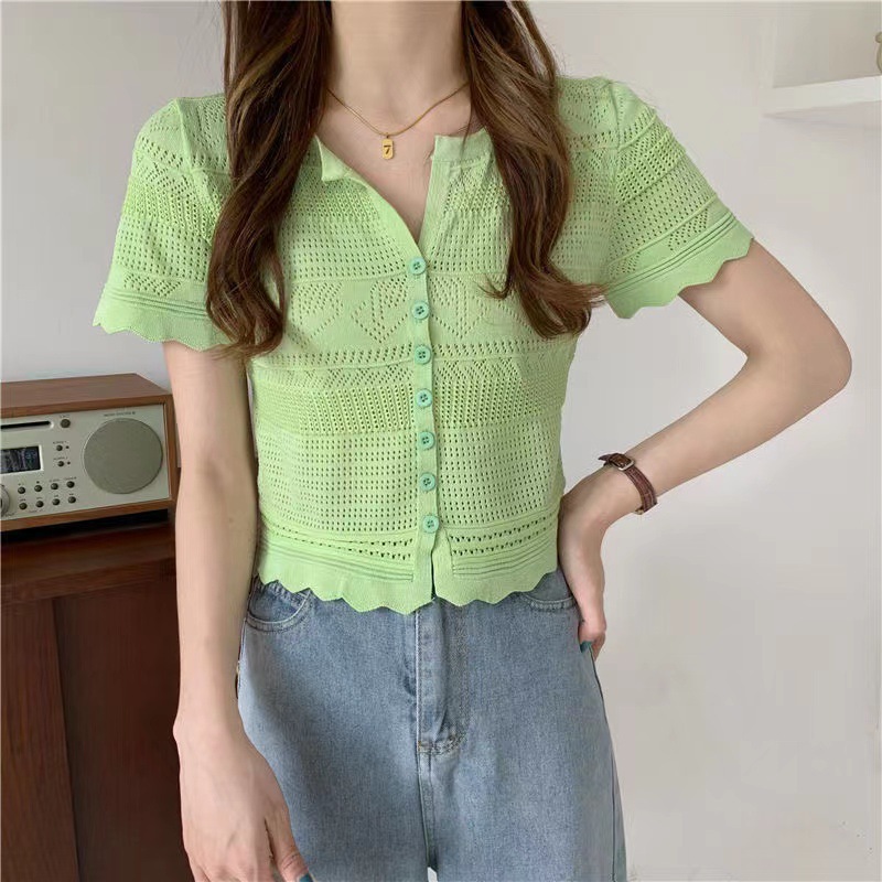 Summer New Arrival Hollow-Out Knitwear Short Short-Sleeved Sweet Cute V-Neck Small Cardigan Slim-Fit Slimming Top Women's Trendy